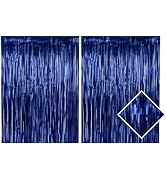 2 Pack Dark Blue Metallic Foil Fringe Curtain Backdrop Streamers 3.2ft x 6.4ft. Party Decoration ...