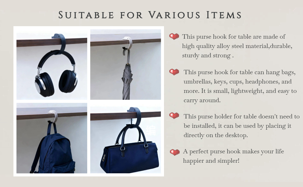 This purse hook for table are made of high quality alloy steel material