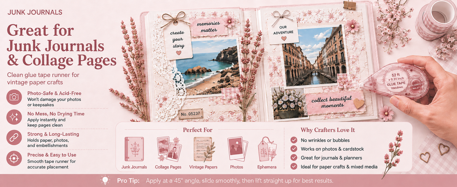 Glue tape runner holding vintage paper, photos and ephemera on junk journal and collage pages.