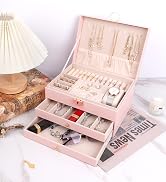 RQQM Jewelry Box 3 Tier Pink PU Leather, 2 Drawer, Cute Style Necklace Earring Organizer and Stor...