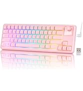 65% Wireless Gaming Pink Keyboard with RGB Light Up, Tri-mode, Volume Knob | Aesthetic LED Backli...