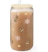 Bee 16oz Can Glass Tumbler with Acrylic Lid & Straw - Iced Coffee Cup for Women Girls, Aesthetic ...