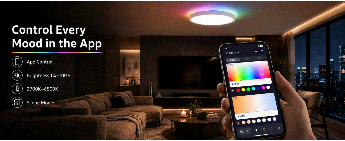 WULILI Smart RGB Ceiling Light with app control, brightness and color adjustment