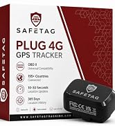 Text reads 'SAFETAG PLUG 4G GPS TRACKER OBD II Financial Compatibility 180+ Countries 30-60 Seconds Update Interval Real Location History.' Product packaging showing red branded box with tracker device displayed below.