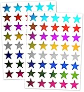 Two sheets of colorful star stickers arranged in horizontal rows. Each row features gradient variations of blue, brown, purple, yellow, grey, navy, green, and pink stars.