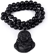 vv8oo Bian Stone Necklace Maitreya Pendant Black Beads Fengshui Round Patron Saint for Men Women ...