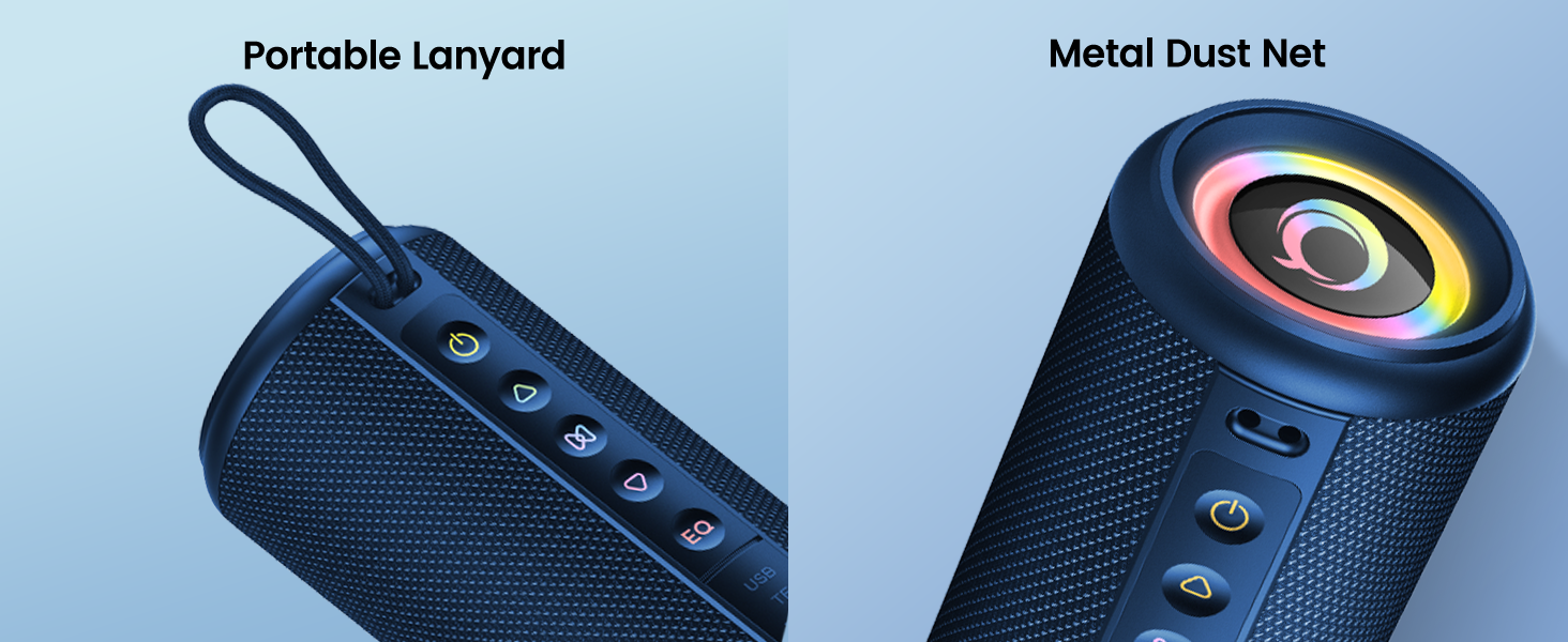 Text reads 'Portable lanyard' and 'Metal Dual test'. Close-up product images of a blue safety device with metal attachments and buttons.