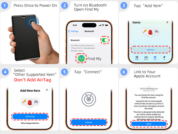 Six-step guide to pair the T2 tracker card with Apple Find My on an iPhone