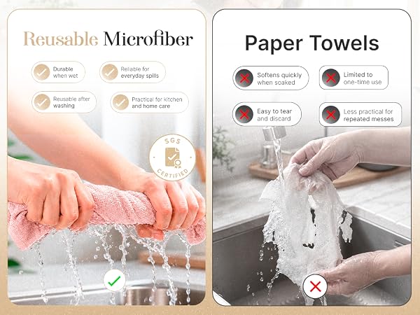 Reusable microfiber cleaning roll stays durable when wet, unlike disposable paper towels