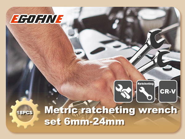 Metric ratcheting wrench set 6mm-24mm