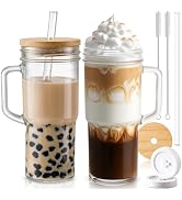 Glass Cups with Lids and Straws,24oz Mason Jar with Handle-DWTS Glass Tumbler with Straw and Lid,...