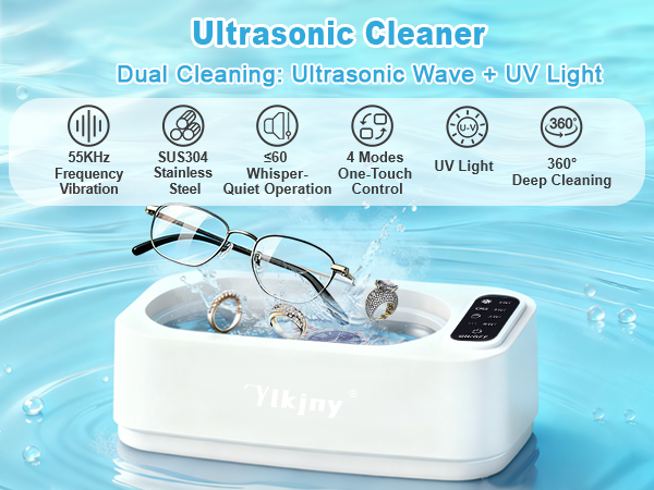 Text reads 'Ultrasonic Cleaner' and 'Dual Cleaning: Ultrasonic Wave + UV Light'. White electronic device with cleaning functions shown with icons indicating features like vibration and UV capabilities.