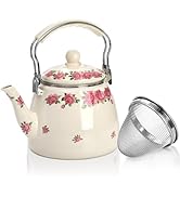 SOUJOY 3.5 Quart Enamel Tea Kettle for Stovetop, Vintage Floral Teapot with Stainlees Steel Infus...