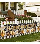 Owishnora Black Gold Happy Birthday Banner, Black Birthday Party Decoration, Indoor Outdoor Use, ...