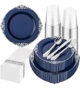 Hioasis 175pcs Blue and Silver Plastic Plates - Elegant Disposable Dinnerware Set Suitable for 25...