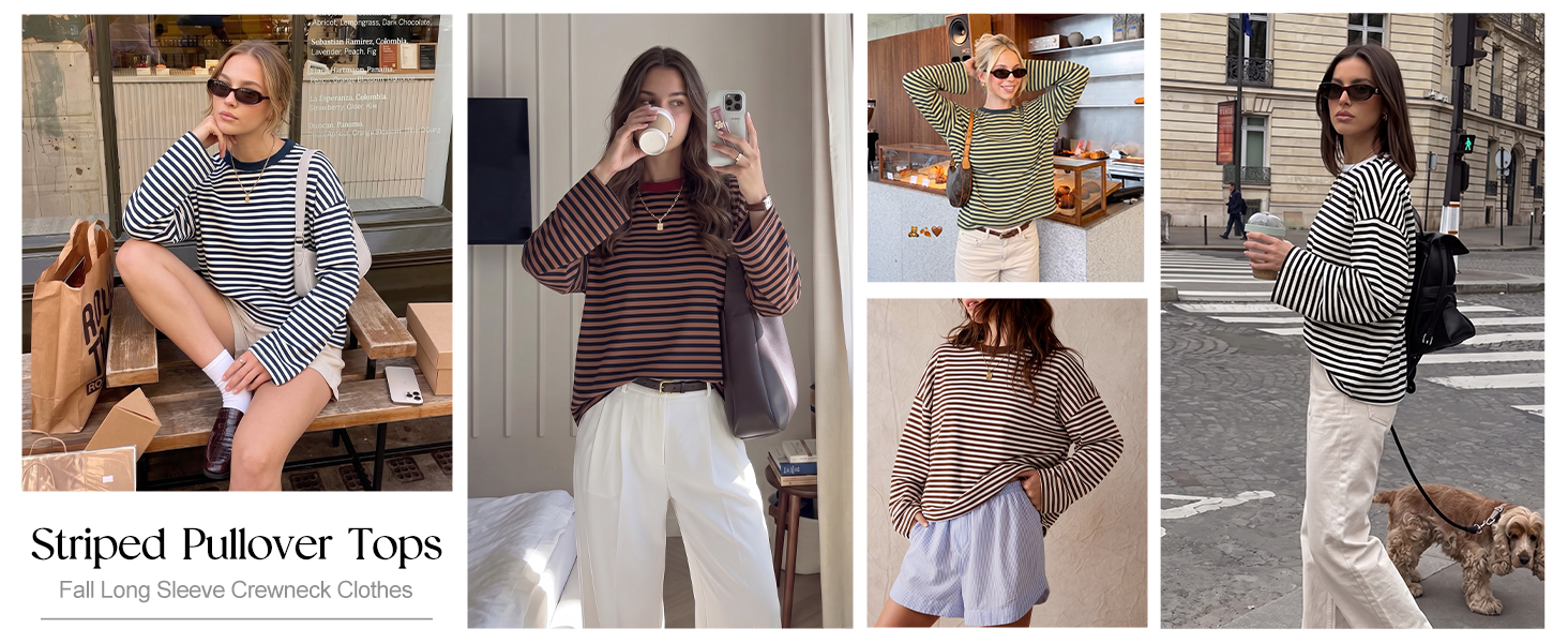 Striped Long Sleeve Shirt Women Oversized Crewneck Fall Y2k Tops 2026