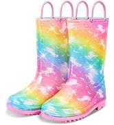 OlyPegic Girls Rain Boots Kids Rain Boots Glitter Waterproof Lightweight Easy-on Handles Outdoor ...