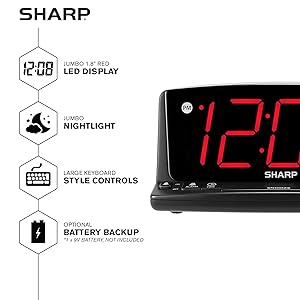 Sharp Digital clock red led easy to use loud alarm for heavy sleepers great for teens kids children