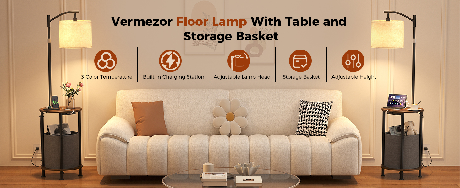 Floor lamp with side table and storage basket beside a sofa in a modern living room.