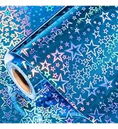 LeZakaa Blue Holographic Wrapping Paper Roll, Metallic Shiny Star Pattern, for Christmas Eve, Hol...