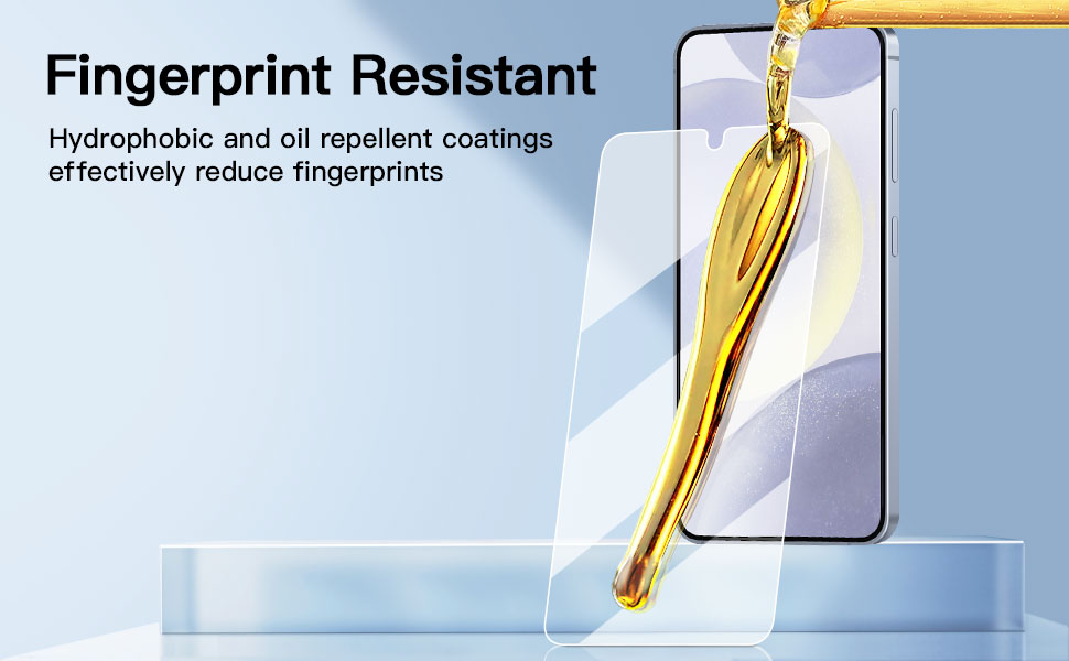 Demonstration of a fingerprint-resistant screen protector, showing liquid being poured onto a smartphone display without leaving marks.