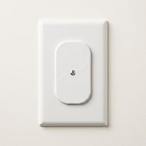 Front view of a white safety plate covering both receptacles of a standard duplex outlet