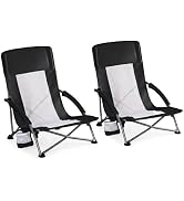 DUMOS Low Camping Beach Chairs 2 Pack, Folding Portable Beach Chair with Cup Holder, Storage Pock...
