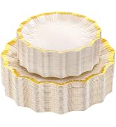 DaYammi 60Pcs Ivory Plastic Plates with Gold rim,Ivory Gold Disposable Plates - Heavy duty Plasti...