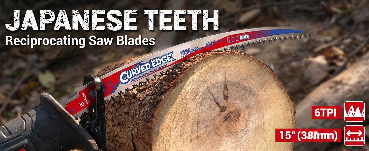 Text reads 'JAPANESE TEETH Reciprocating Saw Blades' with logo. Close-up of reciprocating saw blade with red and blue markings cutting through wood log.