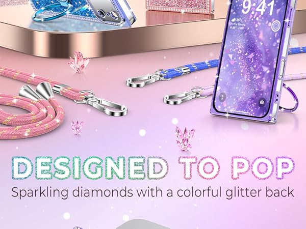XYZ for iPhone 17 Pro max Case, Glitter Bling Phone Cover with 2-Ring Heart Stand & Lanyard