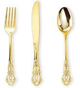Pryntono 150PCS Gold Plastic Silverware, Heavy Duty Gold Disposable Utensils, Retro Design Plasti...