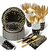 AIRE 175PCS Black and Gold Paper Plates Party Supplies for 25 Guests Disposable Party Decorations...