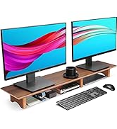 Aothia Large Dual Monitor Stand Riser, Solid Wood Desk Shelf with Eco Cork Legs for Laptop Comput...