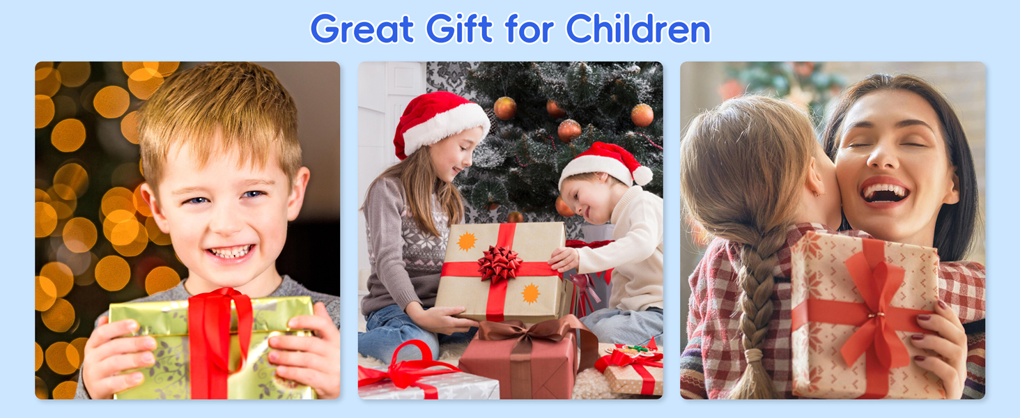 Text reads 'Great Gift for Children'. Collage of children engaging with toys and activities, set against blue background.