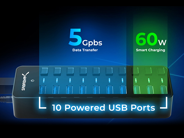 display of 10Port USB Hub with all ports and switches visible, surrounded by electric blue lighting.