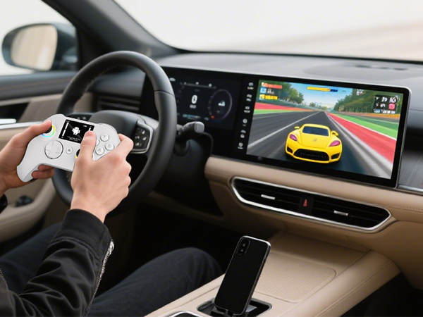 A person in the car uses our wireless controller to enjoy the car screen game