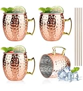 TJ Moscow Mule Mugs Set of 4, Rose Hammered Mule Cup 17 oz, Stainless Steel Lining Brass Handles ...