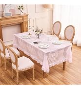 Raedan Pink Lace Tablecloth with Ruffled Hem, Floral Embroidered Rectangular Table Cover, Vintage...
