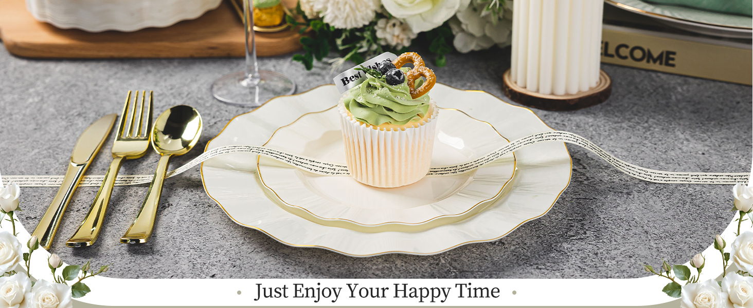 gold plastic plates and silverware