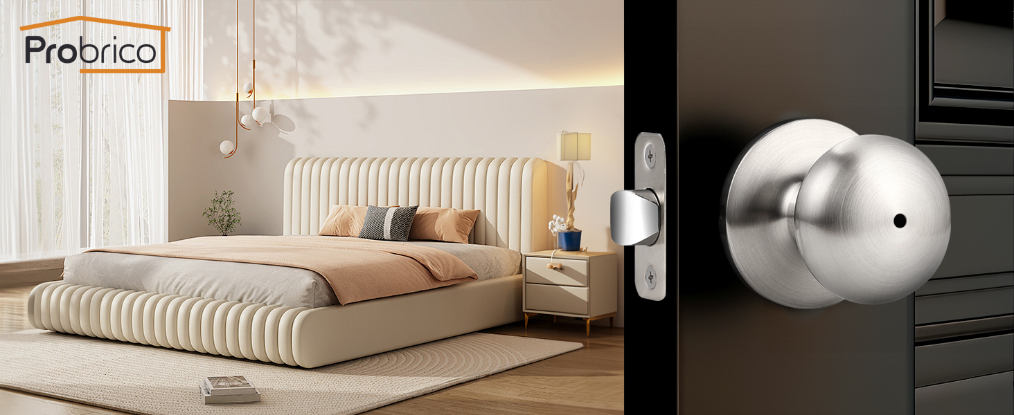 Brushed nickel privacy door knob for bedroom bathroom, no key, turn button inside