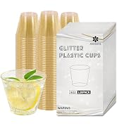JSQBSECL 120 Pack 9 Oz Gold Glitter Plastic Cups,Disposable Gold Cups, Party Cups for Wedding Reu...