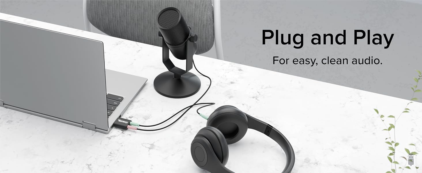Plugable USB Audio Adapter with 3.5mm jack for easy plug-and-play, delivering clean audio.