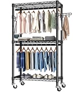 Heavy Duty Clothes Rack Rolling Garment Rack,3 Tier Adjustable Wire Shelving Clothing Racks for H...