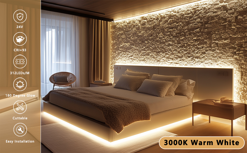 24V COB LED Strip Light 65.6ft (2 Rolls of 32.8ft) Kit, 3000K Warm White Cuttable LED Tape Lights