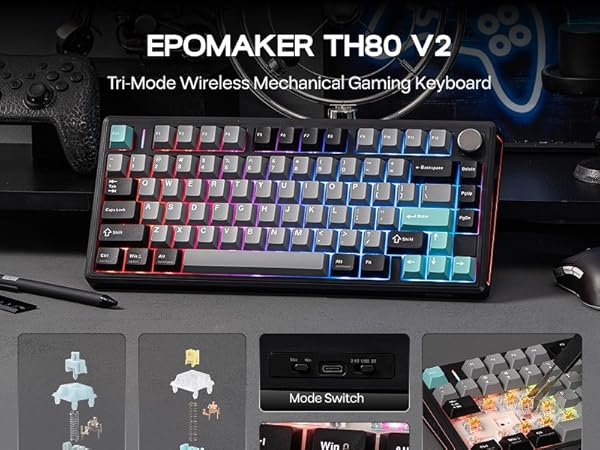 Text reads 'EPOMAKER TH80 V2' and 'Tri-Mode Wireless Mechanical Gaming Keyboard'. Mechanical keyboard with RGB backlit keys showing different lighting modes and angles.