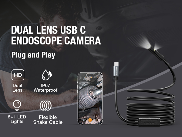 USB C Dual Lens Endoscope Camera with Light for iPhone Snake Borescope Inspection Cam Fiber Optic