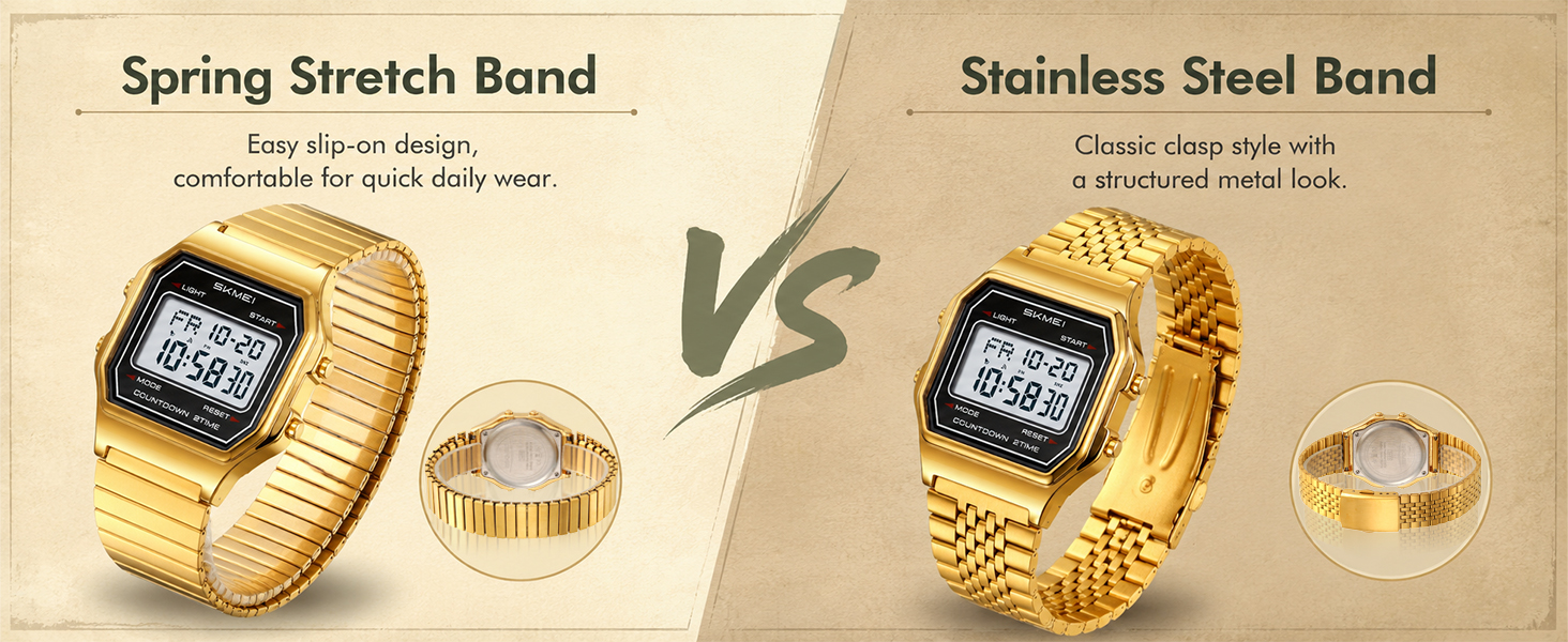 Two band options: spring stretch strap and secure clasp bracelet for retro watch