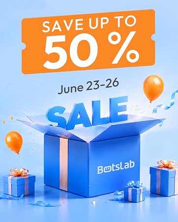 Text reads 'SAVE UP TO 50%', 'June 23-26', 'SALE'. Blue promotional banner with blue gift box, orange balloons, and festive decorations on light blue background.