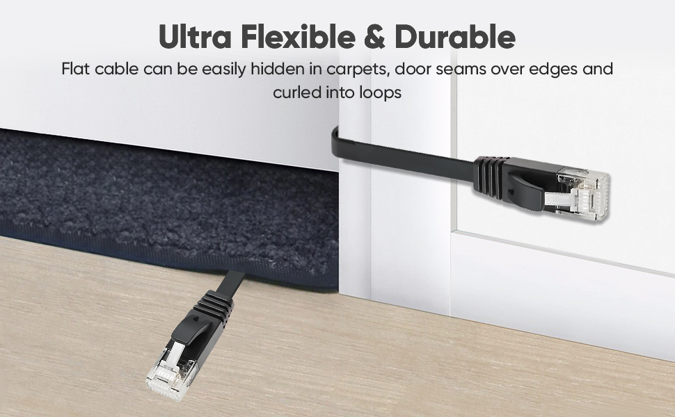 Flat ethernet cable demonstrating flexibility by bending under carpet and around door frame. Image shows cable's thin profile and ability to be hidden in various locations.