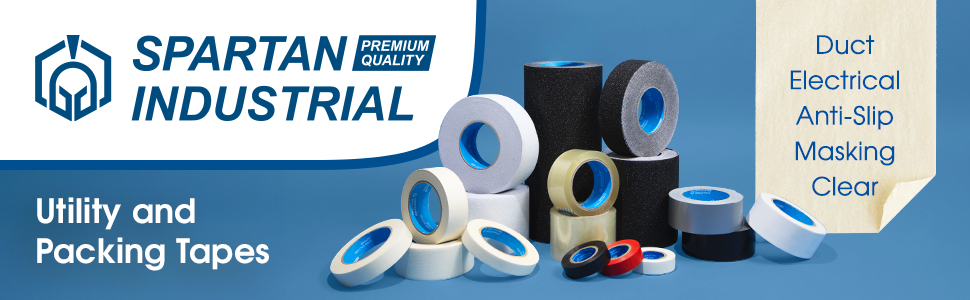 Various rolls of heavy-duty tape for packing, labeling, masking and more on a blue background